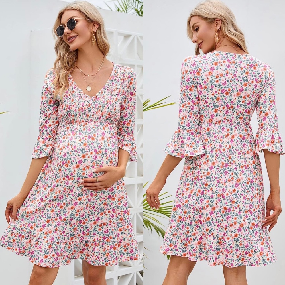 Coolmee Maternity Short Sleeve Ruffle Dress V Neck Summer Casual Smocked Dress M